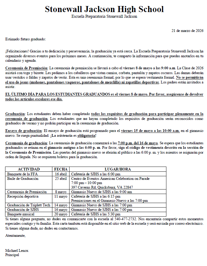 Carta de despedida para los estudiantes de último año de la promoción de 2026